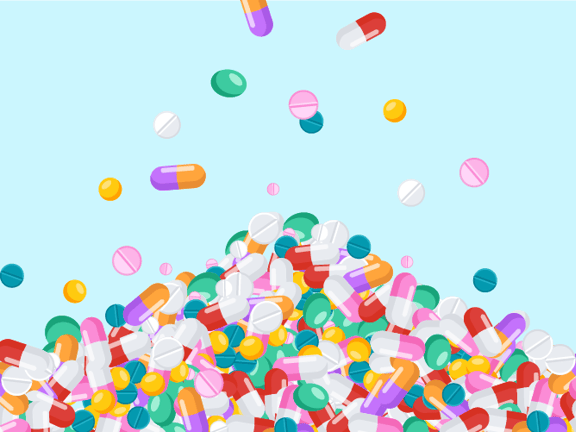 A variety of colorful pills and capsules scattered on a light blue background with others falling from above.
