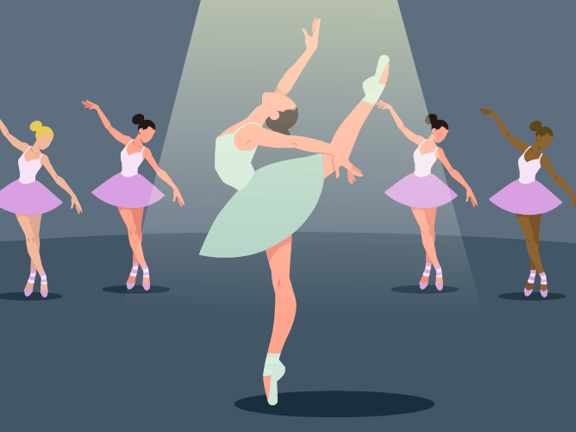 A ballet performance featuring dancers in purple tutus and a central dancer in a green tutu under a spotlight.