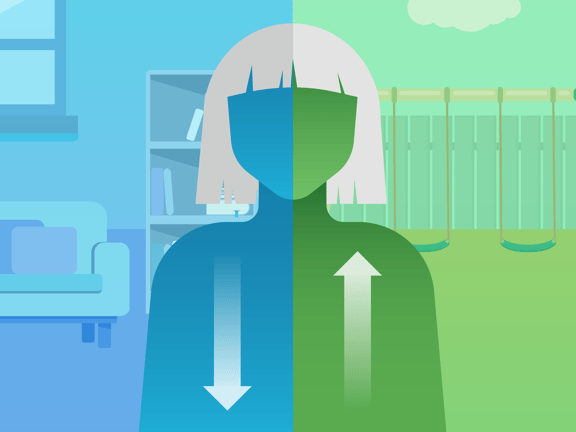 Split image showing a woman moving from a blue indoor room to a green outdoor playground.