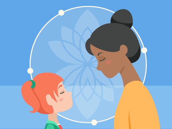 Woman and child face each other with eyes closed, set against a lotus backdrop.