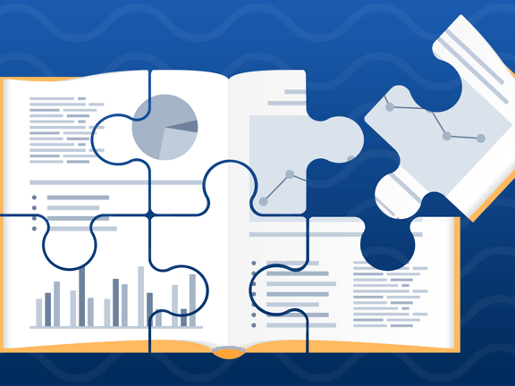 An open book with graphs and overlaying puzzle pieces on a blue wavy background, representing medbridge.