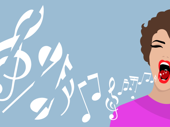 Person singing with musical notes against a blue background.