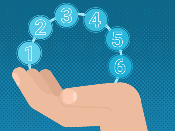 Hand holding connected blue circles numbered 1-6 on a gradient blue background for medbridge.