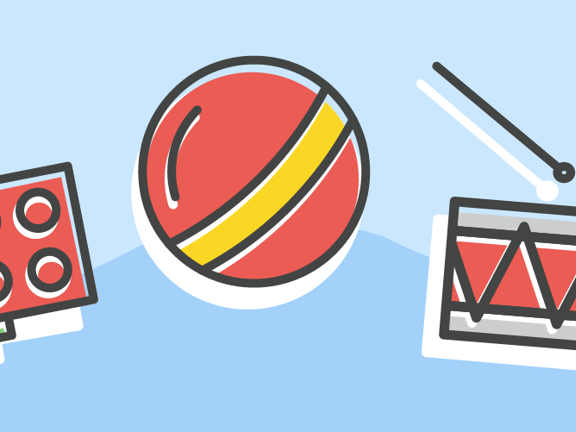 Illustration of two Lego bricks, a striped ball, and a toy drum with drumsticks on a wavy blue background.