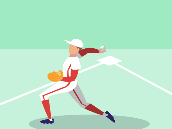 Baseball player in red and white uniform pitching against a green field backdrop.