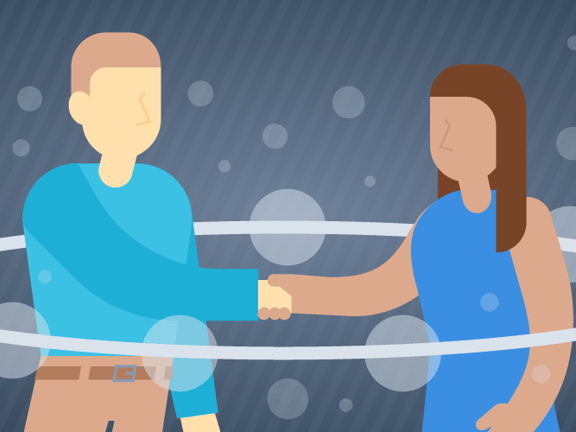 Medbridge illustration of a man and woman shaking hands with bubble shapes in the background.