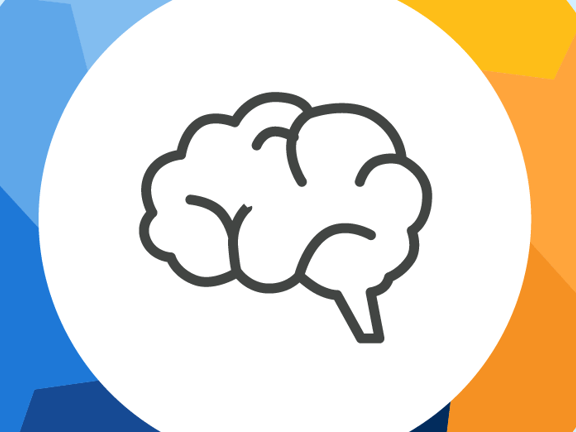 Image of a brain on a circular background with blue, orange, and yellow segments.