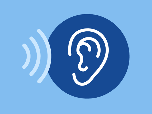Illustration of an ear emitting sound waves, set against a blue background, for medbridge.