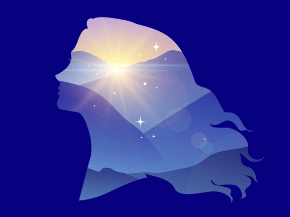 Silhouette of a woman's profile filled with a mountain landscape and sunrise or sunset against a dark blue background.