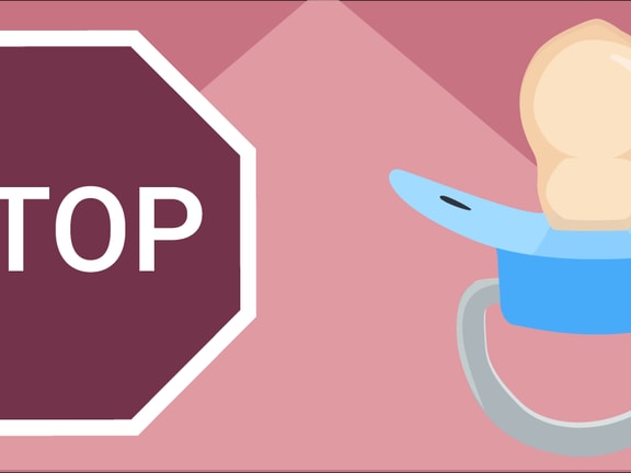 Stop sign and pacifier on pink geometric background with Medbridge branding.