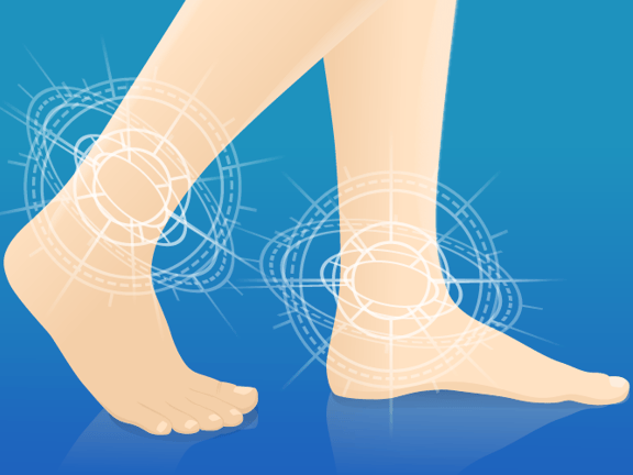 Illustration of feet with glowing ankle designs on a blue Medbridge background.
