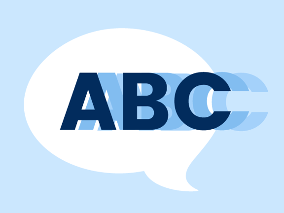 The letters "ABC" appear with a motion blur inside a speech bubble on a light blue background, aligned with Medbridge's style where "b" is lowercase.