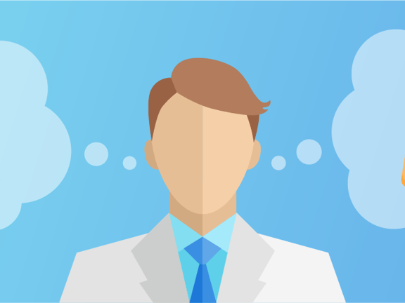 Illustration of a person in a white coat with thought bubbles featuring clipboards, indicating decision-making, related to medbridge.
