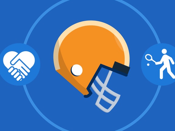 Orange football helmet among weightlifting, handshake, tennis, and massage icons on a blue background for medbridge.