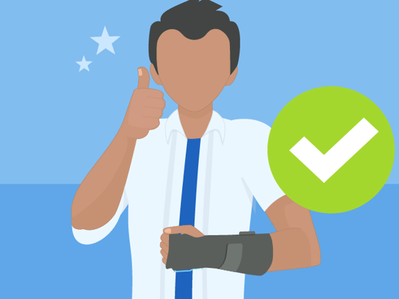 Person with arm cast giving thumbs-up and a Medbridge green checkmark.