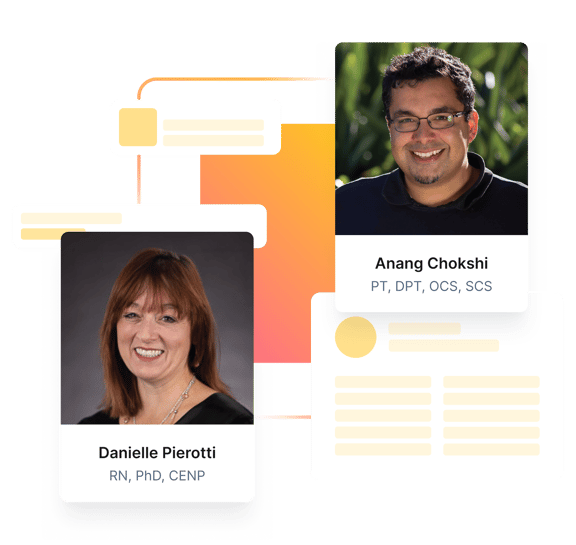 Profile cards of Danielle Pierotti and Anang Chokshi highlight hybrid care expertise, shown with abstract graphics.