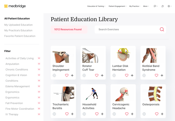 Screenshot of Medbridge’s Patient Education Library highlighting medical topics and favorites feature.