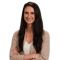 Smiling woman with long brown hair in a light blazer and white top, arms crossed, on a plain background.