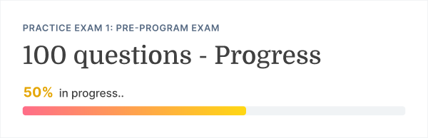 A 50% progress bar appears below “100 questions - Progress” for a medbridge healthcare education practice exam.