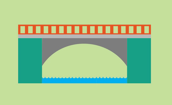 Illustration of a bridge with red railing and green pillars over water, with a light green background.