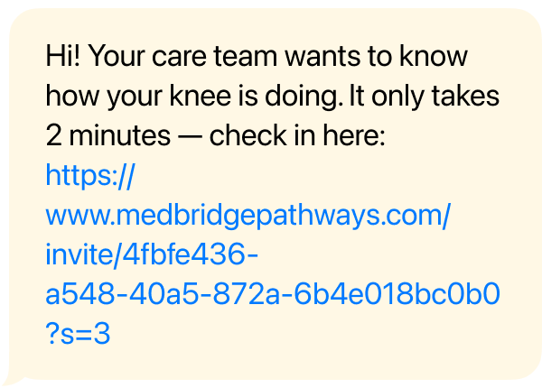 A message asks for a knee update and links to a medbridge pathways check-in form for digital and hybrid care.
