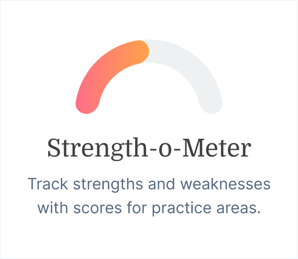 A semicircle gauge labeled “Strength-o-Meter” highlights tracking strengths and weaknesses in healthcare training.