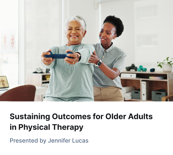 An older woman does arm exercises with a dumbbell as a physical therapist helps her in a clinic, related to medbridge training.