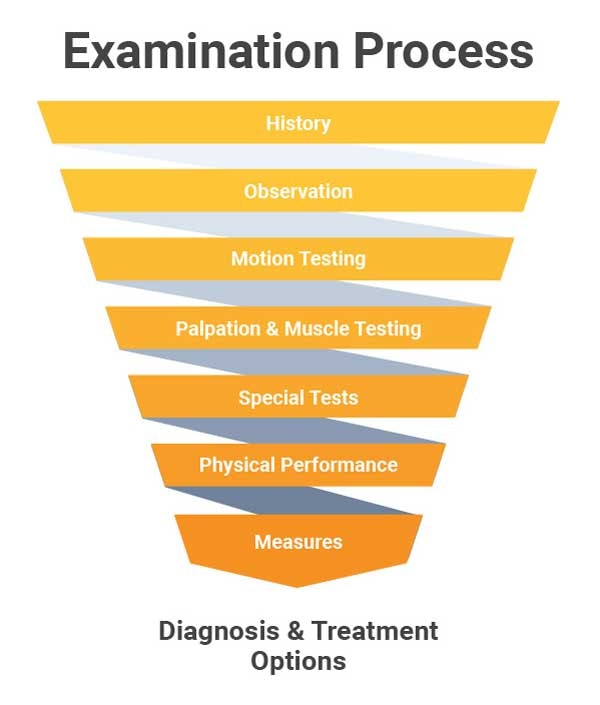 Flowchart detailing examination stages from history to diagnosis and treatment, supported by medbridge training and patient care software.