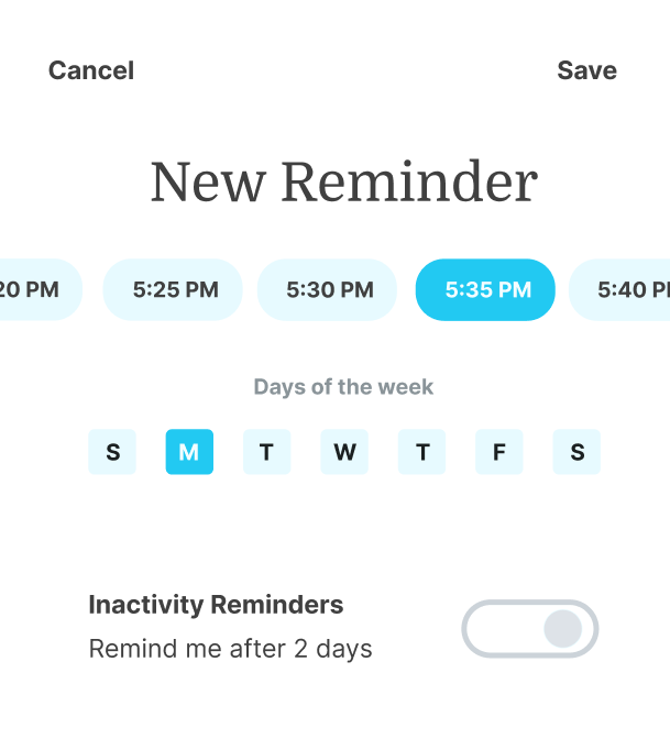 Interface for setting a new reminder, with 5-minute intervals and selectable days; inactivity reminder off, set for 2 days.