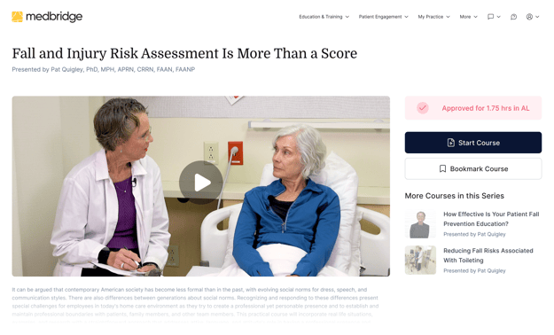 A healthcare professional discusses fall risk with an older woman using medbridge patient care software.