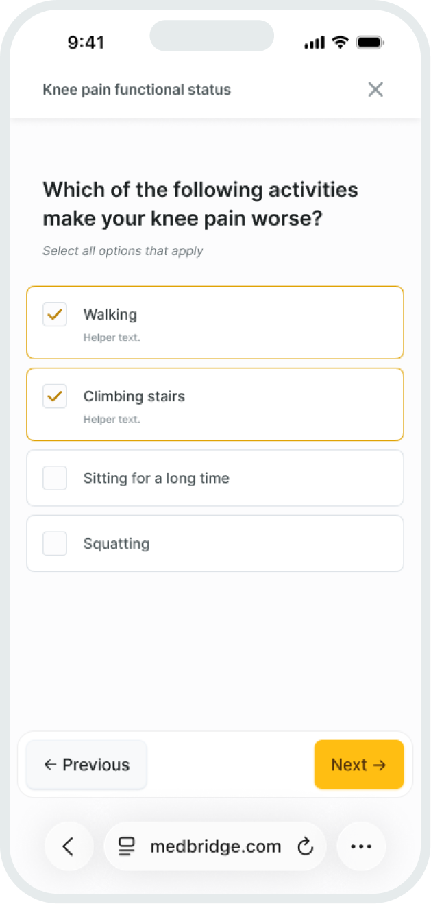 A medbridge survey screen shows "walking" and "climbing stairs" selected as activities that worsen knee pain.