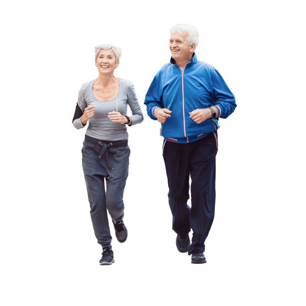 Two seniors jog and smile in casual athletic wear.