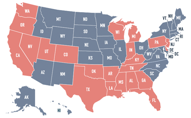 Map of the United States with red and blue states indicating regional differences in healthcare education, relevant to medbridge.