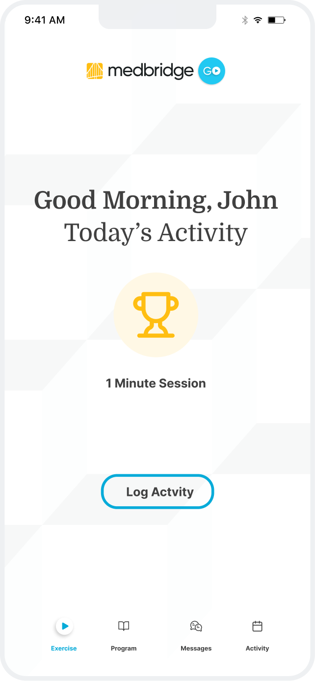 Medbridge app screen shows 'Good Morning, John,' today's activity and a 'Log Activity' button.