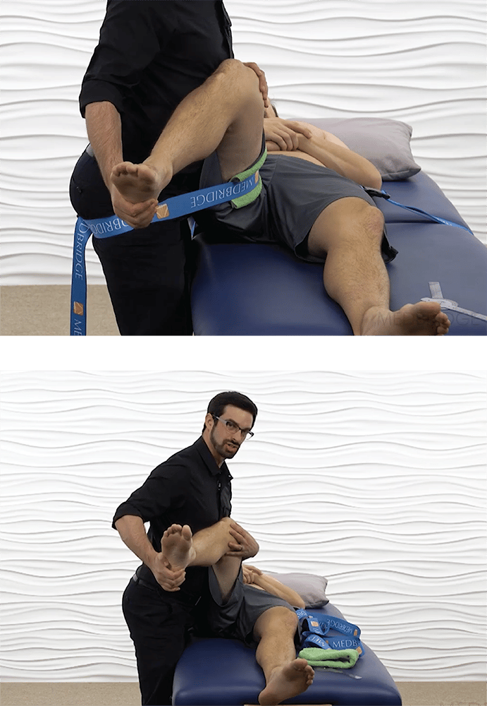 A physical therapist uses medbridge tools to show a hip exercise with support bands on a treatment table.