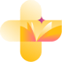 Yellow and orange abstract cross with rounded edges, a central flower or leaf design, and a purple accent, symbolizing medbridge’s digital healthcare innovation.