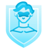 Blue superhero mask icon inside a shield, representing security in medbridge digital healthcare tools.