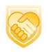 Yellow and gold shield icon with two hands shaking, symbolizing trust and partnership in medbridge healthcare training.