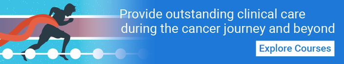 Person running with ribbon and text about medbridge cancer care courses.
