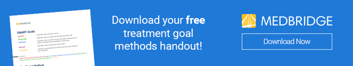 Ad banner with "Download your free treatment goal methods handout!" and "medbridge" next to a download button and document image.