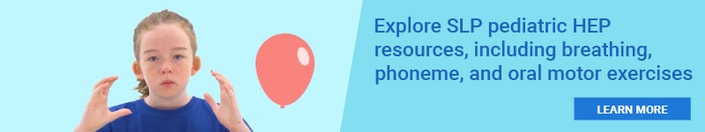 A child interacts with a Medbridge graphic on pediatric speech-language pathology resources.