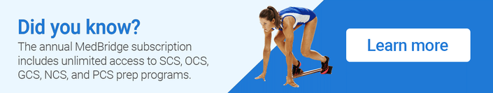 An athlete crouches in a blue and white uniform, highlighting medBridge's digital healthcare education with a "Learn more" button.