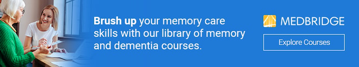 Elderly woman and young woman talking, text promoting dementia courses by medbridge with an 'Explore Courses' button.