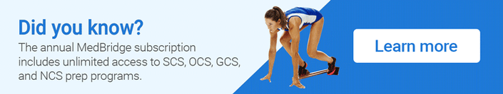 A woman in athletic gear at a starting block with text promoting medBridge's healthcare education programs.