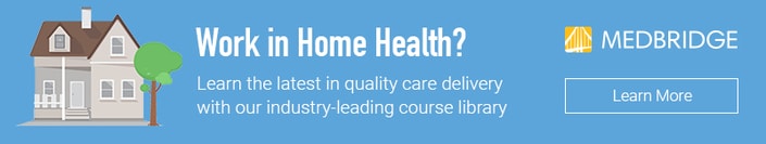 Advertisement banner for medbridge highlighting home health training and digital healthcare resources, with a "Learn More" button.