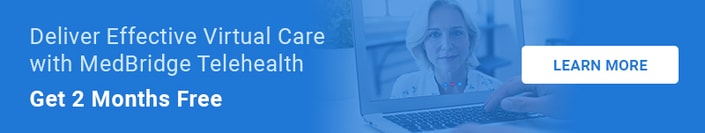Ad for medBridge telehealth offering two free months, featuring a laptop with a video call.