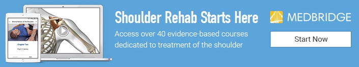 Banner for medBridge's shoulder rehab courses with images of shoulder anatomy and 'Shoulder Rehab Starts Here with Hybrid Care' text.