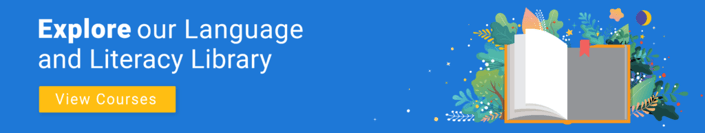 Banner featuring "Explore our Language and Literacy Library," a "View Courses" button, and an open book with foliage, highlighting medbridge's digital healthcare training.