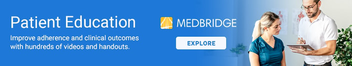 Banner on blue background promoting medBridge's patient education with a man and woman in an office.