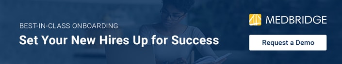 Banner featuring text 'Best-in-class onboarding' with medbridge logo and 'Request a Demo' button.